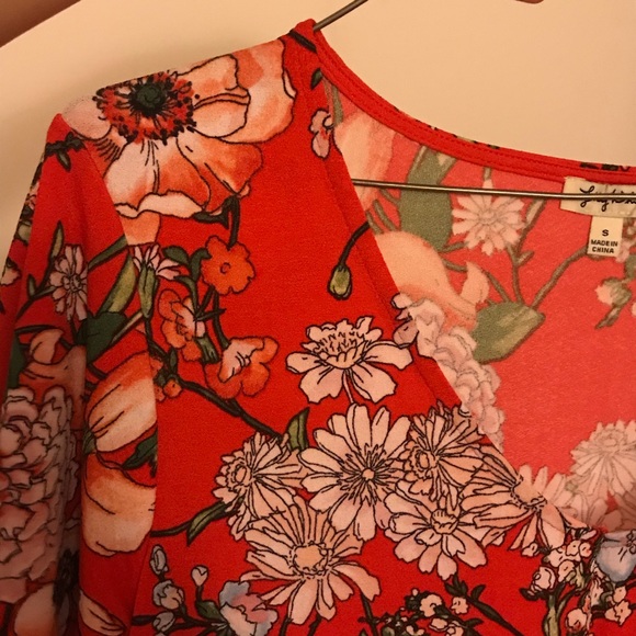 Red Orange Blouse Floral Tie Knot Short Sleeve - Picture 7 of 9